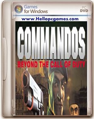 Cover art of "Commandos: Beyond the Call of Duty" for Windows. The title is prominently displayed in large white text with a subheading in red, featuring a soldier aiming a gun directly at the viewer. The dramatic backdrop of burning buildings sets an intense scene akin to Commandos 2.