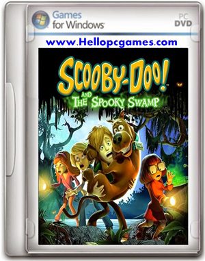 A DVD cover shows the game "Scooby-Doo! and the Spooky Swamp" for Windows. The image features Scooby-Doo and the gang in a spooky swamp setting. Shaggy is holding Scooby, while the rest of the gang looks scared. Title text "Scooby-Doo And The Spooky Swamp" is prominent at the top of the cover.