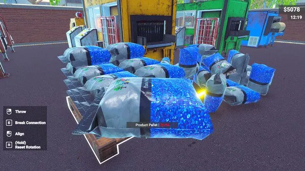 Amidst a cluttered scene in the Recycling Center Simulator, blue bags labeled "Product Pallet" are scattered, with control options to the left. The backdrop features colorful machines and a brick wall, while your virtual currency stands at $5078.