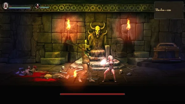 A fantasy scene with a female warrior in pink armor standing in front of an ancient stone altar, facing a large golden statue of a bull's head. The room is dimly lit by torches and there are defeated enemies lying on the ground around her. The atmosphere is dark and mysterious, with a sense of impending battle or ritual.