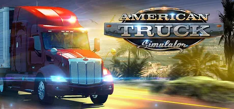 A red semi-truck driving on a highway at sunset, with palm trees and a cityscape in the background. The truck has its headlights on, and there is a logo that reads "American Truck Simulator" above it. The scene captures the essence of long-haul trucking across America.