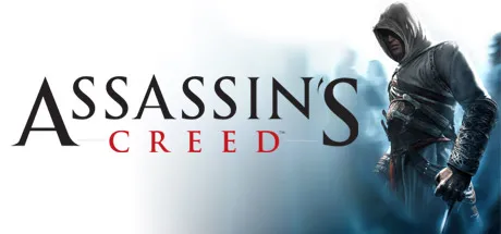 "Assassin's Creed logo, featuring a hooded figure with a sword, set against a blurred background of blue and white tones."