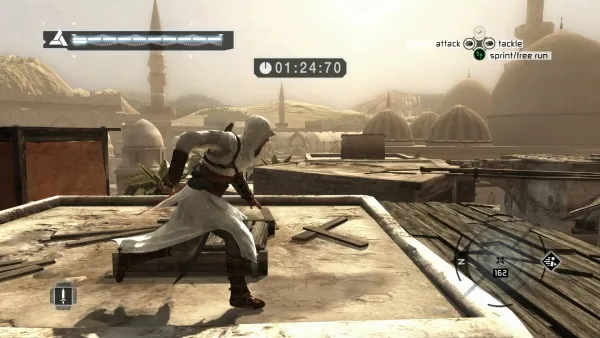 A character in a white robe and hood, wielding a sword on a rooftop with a desert cityscape in the background. The game interface shows options for attack, tackle, sprint, or free run, along with a mini-map and other gameplay indicators. The time displayed is 01:24:70.