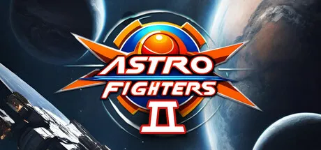 A space-themed logo for "Astro Fighters II" featuring a central orange sphere with blue and red accents, surrounded by a circular design. The background includes planets, stars, and a spaceship, conveying an interstellar battle theme.