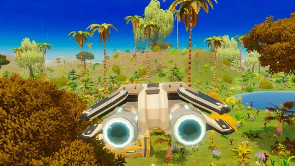 A futuristic spacecraft with glowing engines is soaring over a lush, alien landscape. The scene features vibrant greenery, including palm trees and various exotic plants, set against a backdrop of rolling hills and a serene body of water under a clear blue sky. The image captures the essence of an otherworldly adventure in a pristine, untouched environment.