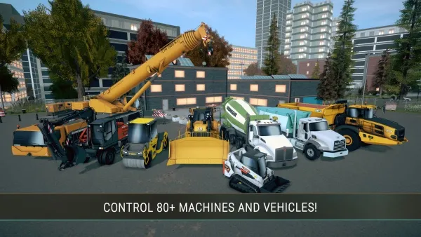A vibrant construction site scene with a variety of heavy machinery and vehicles, including cranes, bulldozers, dump trucks, and excavators. The background features modern buildings and lush green trees under a clear blue sky. The text overlay reads "CONTROL 80+ MACHINES AND VEHICLES!" in bold white letters on a black background.