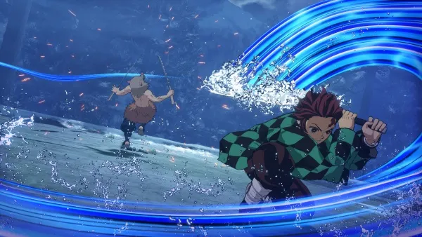 This is an anime-style illustration depicting a dynamic battle scene. The main character, dressed in green and black checkered clothing with brown hair, is using a blue energy attack that creates a swirling motion around him. In the background, another character with white hair and wearing dark clothing is also engaged in combat, surrounded by water splashes and orange sparks. The overall atmosphere is intense and action-packed.