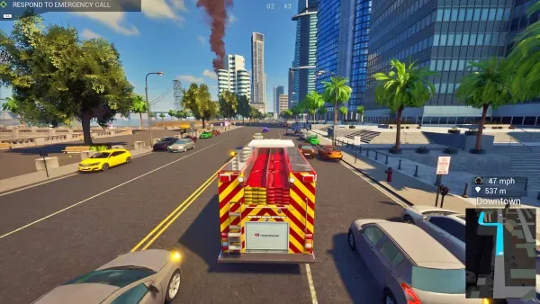 A city street scene with a fire truck in the foreground, surrounded by cars and buildings. The sky is clear blue with some clouds, and there are palm trees along the sidewalk. A smoke plume rises in the distance, indicating an emergency situation. The speedometer shows 47 mph, and the distance to downtown is 537 meters.