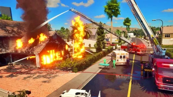 A dramatic scene of a house fire with flames engulfing the structure, thick black smoke rising into the sky. Firefighters are on the scene with their trucks and equipment, including ladders extended to combat the blaze. An ambulance is present as well, indicating potential rescue operations or medical assistance needed for those affected by the fire. The setting appears to be a suburban neighborhood with palm trees and other residential buildings in the background.
