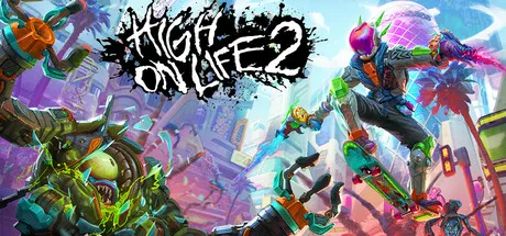 A vibrant and colorful scene from the video game "High on Life 2," featuring futuristic characters with neon-colored outfits, engaging in dynamic action poses amidst a bustling cityscape. The background includes towering buildings, flying vehicles, and a sky filled with vivid hues of purple, blue, and pink. The title "High on Life 2" is prominently displayed in bold, graffiti-style lettering at the top left corner.