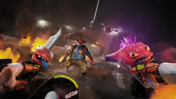 A first-person perspective of a character in a futuristic battle scene, wielding a weapon with a large, expressive eye and sharp teeth. The character is surrounded by other animated creatures, including one with a spiky purple head and another with a knife-like appendage. A central figure stands out with blue skin, wearing a hat and holding a staff. The background features a burning ship and debris under a dark sky with rain pouring down.