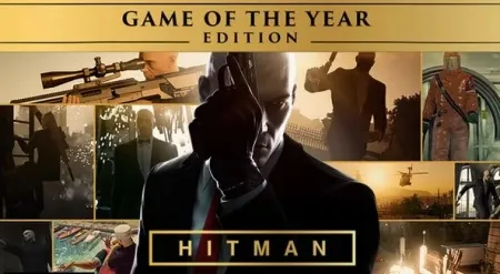 "Hitman Game of the Year Edition promotional poster, featuring a central figure in a dark suit with a red tie, surrounded by various action-packed scenes including a sniper, a helicopter, and a cityscape at night. The title 'HITMAN' is prominently displayed in bold letters."