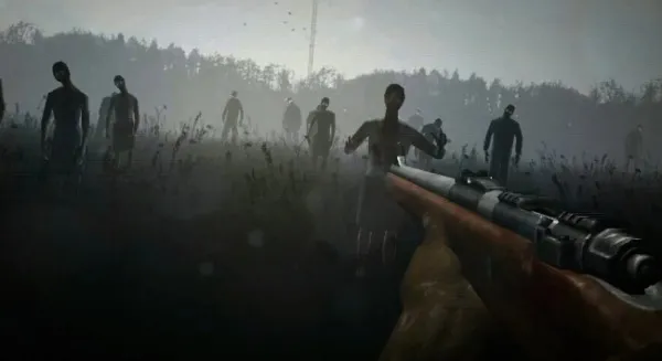 A first-person perspective of a person holding a rifle, aiming at a group of zombies in a foggy field with trees and a power line in the background. The scene is dark and eerie, suggesting a post-apocalyptic setting.