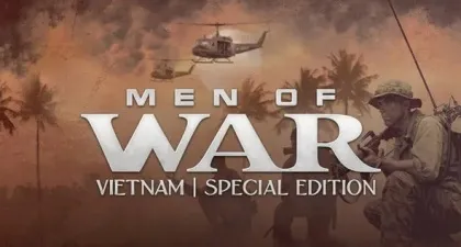 Vietnam War scene, soldiers in combat gear, helicopter, palm trees, dusty environment, dramatic lighting, "Men of War" title text.