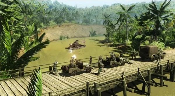 A tropical jungle scene with a wooden bridge over a river, military jeeps and soldiers crossing the bridge, palm trees on both sides of the river, a small boat in the water, and a truck waiting at the end of the bridge.