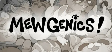 A playful and whimsical scene featuring a variety of cartoon cats with different expressions and poses, all in shades of gray. The central focus is the bold, black text "MEWGENICS!" with small paw prints above it. The background is filled with overlapping cat illustrations, creating a sense of depth and movement.