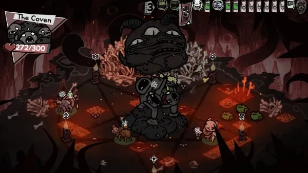 A dark, ominous scene with a large, menacing creature in the center surrounded by smaller, cute creatures. The background is filled with flames and shadows, creating a sense of danger and chaos. The image has a cartoonish style with exaggerated features and expressions. There are various items scattered around, such as candles and bones, adding to the eerie atmosphere. The overall mood is one of tension and conflict between the characters.
