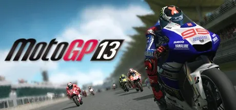 A high-speed motorcycle race with multiple riders on the track, featuring a prominent rider in blue and white racing gear with the number 95. The background shows a clear sky and a racetrack with other competitors. The game title "MotoGP13" is displayed prominently in the upper left corner.