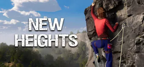 A climber in a red top and blue pants scales a steep rock face, secured by ropes. The backdrop features a lush green valley under a clear sky with scattered clouds. "NEW HEIGHTS" is prominently displayed in bold white letters on the left side of the image.