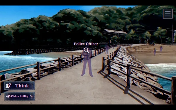 A video game scene featuring a police officer standing on a wooden bridge overlooking the ocean, with lush green hills in the background. The player's vision ability is turned on, and there are other characters visible in the distance. The interface includes a "Think" button and an icon indicating the player's current status or action.
