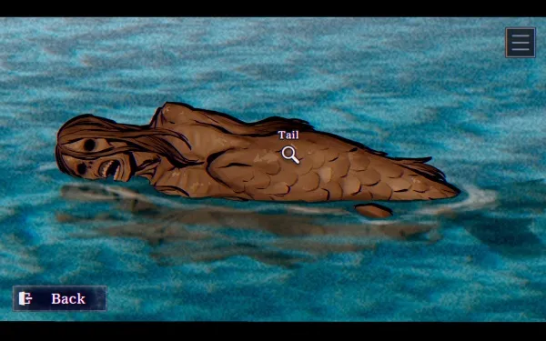 A cartoon mermaid with long hair and a fish tail, floating on the water. The mermaid has a sorrowful expression, her eyes are large and filled with tears. Her body is covered in brown scales, and she appears to be drowning or struggling in the water. The background is a blue ocean with ripples around the mermaid.
