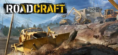 A construction site with heavy machinery, including bulldozers and excavators, working on a road. The scene is set in a mountainous area with clear skies and some trees in the background. The image has a realistic style with detailed textures and lighting effects.