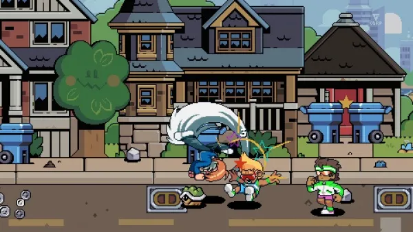 A pixel art scene from a video game featuring three characters in a street setting with houses, trees, and trash cans. One character is performing a special move on another, while a third character watches the action unfold. The background includes detailed buildings and a clear sky.