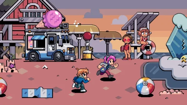 A pixel art scene depicting a beach setting with two children playing near the shore, a truck parked nearby, and a lifeguard tower in the background. The sky is transitioning from day to dusk, with a pinkish-orange hue. There are various objects scattered around, such as beach balls, a lifebuoy, and a candy floss stand. The overall atmosphere is playful and nostalgic, reminiscent of classic video games.
