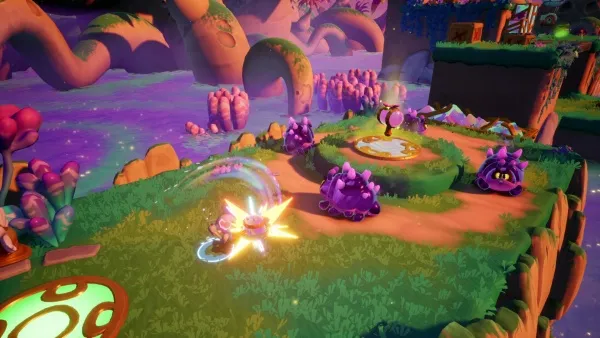 A whimsical, colorful scene from a video game featuring a small character with wings casting a spell or using an ability on purple creatures. The setting is a fantastical landscape with floating islands, oversized mushrooms, and vibrant flora under a starry sky. The character has a glowing aura, and the environment is rich in detail with various interactive elements like platforms and collectibles.