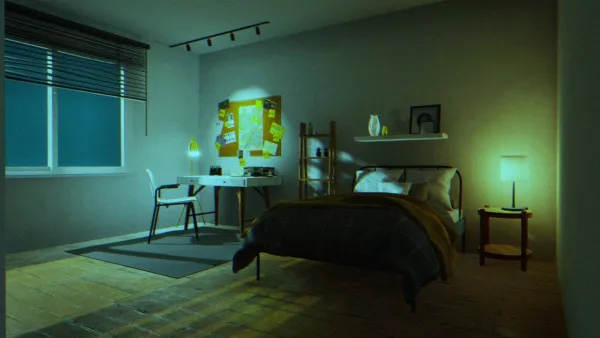 A serene bedroom scene with a cozy bed, a desk with a chair and lamp, a bulletin board on the wall, and ambient lighting from table lamps. The room has a calming greenish hue, with a window letting in soft light. Decorative elements include shelves with vases and framed pictures, creating a peaceful and inviting atmosphere.