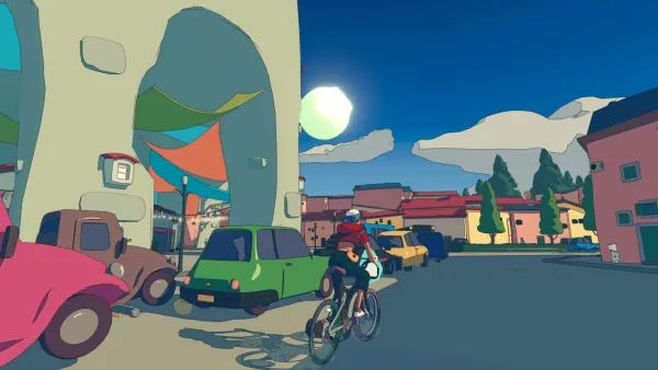 A stylized, colorful street scene at dusk with a cyclist riding past parked cars and buildings. The sky is transitioning from day to night with a bright moon in the background. The architecture features large arches and vibrant colors.