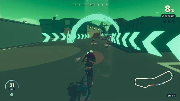 A futuristic racing game scene with neon green lighting, a racetrack with glowing arrows and an archway, multiple cyclists in motion, speedometer at 21 mph, and a map of the track. The player is currently leading with 8 laps completed out of 8 total laps, and the time elapsed is 6 minutes and 78 seconds.