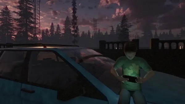 A young boy stands in front of a blue car, holding a glowing green object. The scene is set at dusk with a dramatic sky filled with clouds and the silhouette of trees in the background. There's an old stone wall on the right side of the image. The lighting suggests it might be early evening or late afternoon.