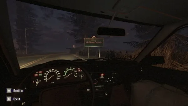 A nighttime driving scene inside a car, with the dashboard visible and illuminated. The road ahead is dark, but streetlights provide some visibility. A sign reading "Hollow Creek" is seen in the distance. The atmosphere is eerie and mysterious, with a sense of suspense.