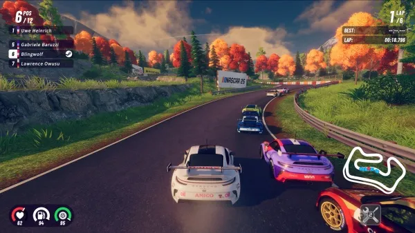 A high-speed racing game scene with multiple cars on a winding road through an autumnal landscape, featuring vibrant fall foliage and a clear sky. The player's car is in the foreground, with other competitors visible behind it. Game interface elements include lap count, time remaining, and leaderboard positions. The track layout is displayed on the screen, and the environment includes grassy areas and trees along the roadside.