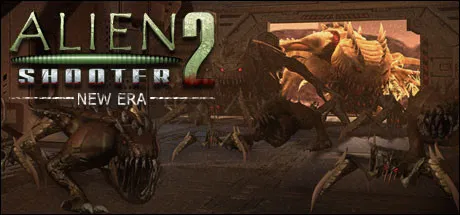 "Alien Shooter 2: New Era game cover art featuring a large alien creature with multiple eyes and sharp teeth, smaller aliens in the background, dark industrial setting with metallic textures and dim lighting."