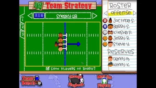 A pixelated football game interface with a green field, player avatars, and a play selection menu. The screen displays "Team Strategy," "RUN" option, and a list of players on the right side. Buttons for "Team Bench," "Change Playbook," and "Meet the Players" are visible at the bottom.