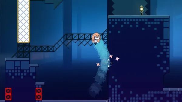 A pixel art scene featuring a character with orange hair and blue eyes, wearing a white outfit with a blue cape, floating in the air. The background includes a dark blue sky with stars, a large building structure on the left side, and a platform with a small yellow light at the top right corner. There are red crosses on the ground below the character, and a trail of blue energy or smoke follows behind them.