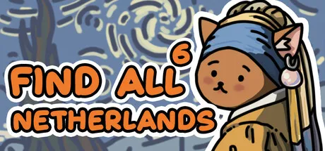 A cartoon character with a blue headband and pink earrings, dressed in traditional Dutch attire, is set against an abstract background. The text "FIND ALL NETHERLANDS" is prominently displayed in bold orange letters.