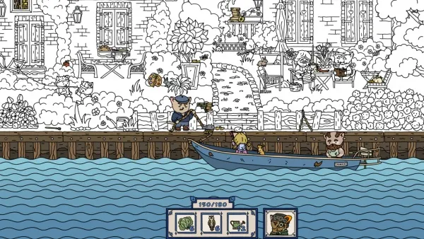 A whimsical scene featuring a cartoon cat in a blue uniform standing on a wooden dock, overseeing a small boat with two children and another cat. The background is a detailed black-and-white illustration of a quaint village with houses, trees, and various animals. The foreground shows stylized waves and a progress bar indicating 180/180 items collected.