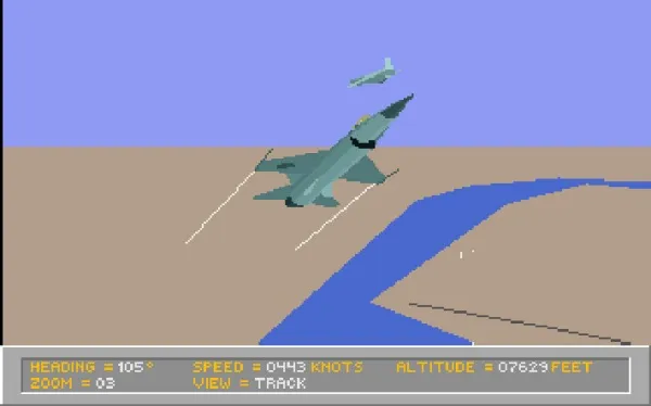 A pixel art scene of a fighter jet flying over a desert landscape with a river, featuring a heads-up display showing heading, speed, altitude, and zoom. The jet is depicted in mid-flight with another aircraft visible in the distance. The background includes a clear sky and a sandy terrain below.