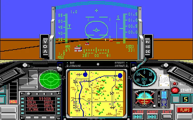 A pixel art scene from a classic video game, featuring a cockpit view with various dials and gauges. The top half shows a heads-up display (HUD) with targeting information and a radar screen, while the bottom half includes a map, control panels, and buttons labeled "RUN," "START," and "FLAPS." The color palette is retro, with bright greens, blues, and oranges.