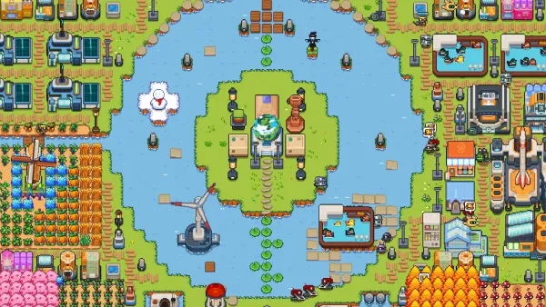 A pixel art scene featuring a central island with a windmill, surrounded by water and various buildings such as houses, factories, and farms. There are also characters walking around, trees, and other elements like cars and boats. The color palette is bright and vibrant, with a focus on greens, blues, and yellows.