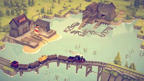 A whimsical, low-poly style illustration depicts a train crossing a wooden bridge over a serene lake. The scene includes quaint buildings with signs like "The General Store" and "The Blacksmith," surrounded by lush greenery and trees. The train consists of a red locomotive pulling several cargo cars, including a yellow tanker car. The overall atmosphere is peaceful and idyllic, reminiscent of a small, tranquil lakeside town.