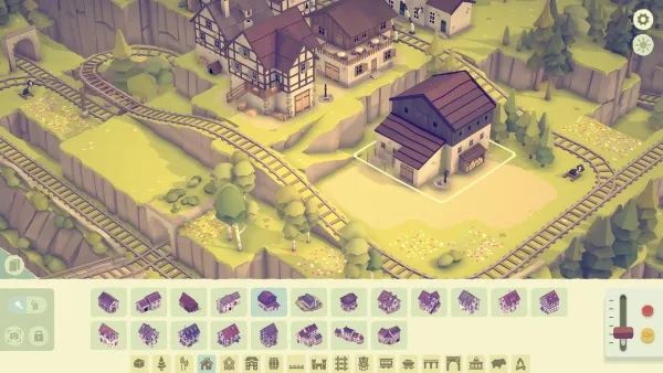 A serene, stylized village scene with a variety of buildings and train tracks. The image features a mix of residential houses, a large central building, and a network of train tracks winding through the landscape. The color palette is soft and pastel-like, creating a peaceful atmosphere. The bottom of the image displays an assortment of building and object icons, suggesting this might be a screenshot from a game or simulation where players can design their own village. The overall aesthetic is reminiscent of a modern, minimalist art style.