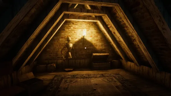 An atmospheric attic scene with a warm, dim light casting shadows on the brick walls. A wooden mannequin stands in the center, surrounded by rustic furniture and an old rug. The space is enclosed by sloping wooden beams, creating a cozy yet mysterious ambiance.