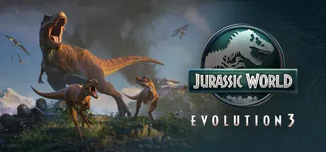 A dramatic scene featuring a large T-Rex and smaller dinosaurs in a prehistoric landscape, with the "Jurassic World Evolution 3" logo prominently displayed. The background includes a volcanic eruption and flying pterosaurs, set against a backdrop of lush greenery and rugged terrain.
