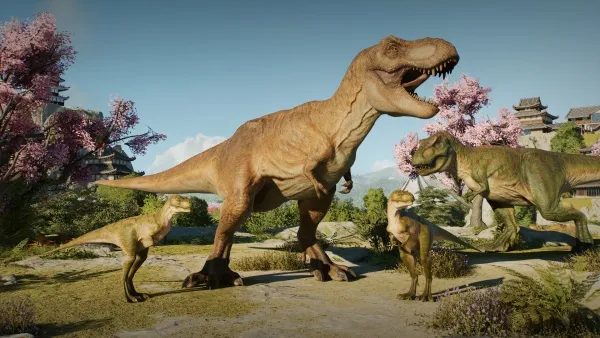 A realistic scene of a group of dinosaurs, including a large T-Rex and smaller ones, interacting in a lush prehistoric landscape with blooming trees, grassy terrain, and distant mountains. The sky is clear blue with some clouds, and there are ancient structures visible in the background.