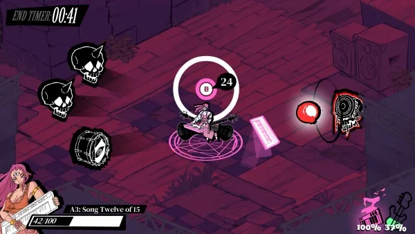 A pixel art style video game scene featuring a character with pink hair playing an instrument, surrounded by various objects and enemies. The background is a dark, purple-hued environment with a timer at the top left corner showing "00:41". There are three black skulls on the left side of the screen, a drum set in the center, and a red circular object on the right side. The bottom left corner displays text "A3: Song Twelve of 15" and "42/100", while the bottom right corner shows a progress bar at "100% 33%".