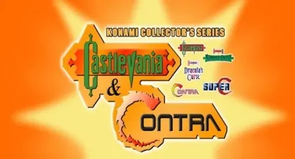"Create a vibrant and dynamic image featuring the Konami Collector's Series, with titles like 'Castlevania' and 'Contra'. Use bold colors such as orange and yellow for the background. Include game elements like power-ups and weapons from 'Super Contra', 'Dr. Robotnik's Mean Bean Machine', and 'Ghouls 'n Ghosts'. The design should be energetic and retro, reminiscent of classic 8-bit and 16-bit video games."